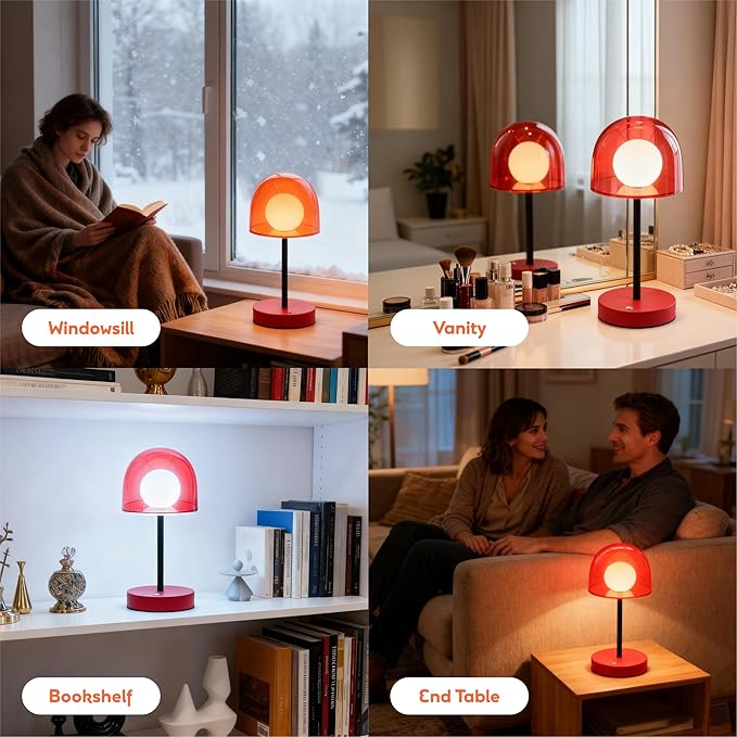 Small Mushroom Lamp Cordless, LED Wireless Mini Lamp Dimmable, Funky Battery Powered Lamp IP44, Orange Accent Lamp for Kitchen Counter Bathroom Dining Room, 7.7" W x 10.6" H (Reddish Orange)
