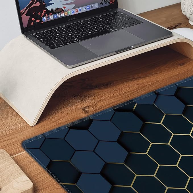 Desk Mat, Hexagon Gold Honeycomb XXL 35.4"x15.7"Large Gaming Mouse Pad, 3mm Thick Gaming Keyboard Pad,Desk Pad Non-Slip Rubber Base with Stitched Edges for Office Game Home Decor