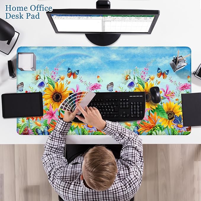 Desk Pad Sunflowers, Big Mouse Pad Flower Butterfly Women Girls Desk Mat Extended Large Gaming Mouse Pad Non-Slip Base Stitched Edge Work Home Office Desks Computer Keyboard Laptop Decor Mouse Mat