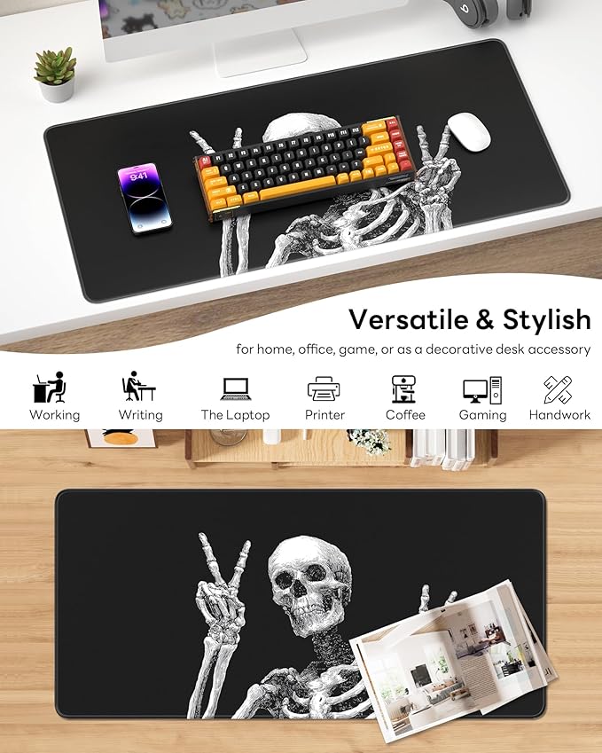 XL Gaming Mouse Pad, 31.5x15.7'' Large Desk Mat with Anti-Slip Rubber Base & Stitched Edges for Gaming, Office, Home, Fun Skull