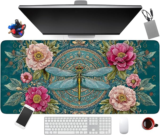 Large Mouse Pad & Keyboard Mat 35x16 Inches, Vintage Peony and Gold Dragonfly Floral Art Non-Slip Rubber Base Desk Mat, Large Extended Desk Protector for Home Office Gaming Setup