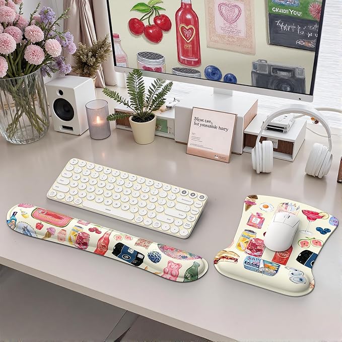 iCasso Ergonomic Mouse Pad, Keyboard Wrist Rest, Memory Foam Mousepad with Wrist Support, Easy Typing and Relieve Wrist Pain Keyboard Pad for Computer(Watercolor Stickers)