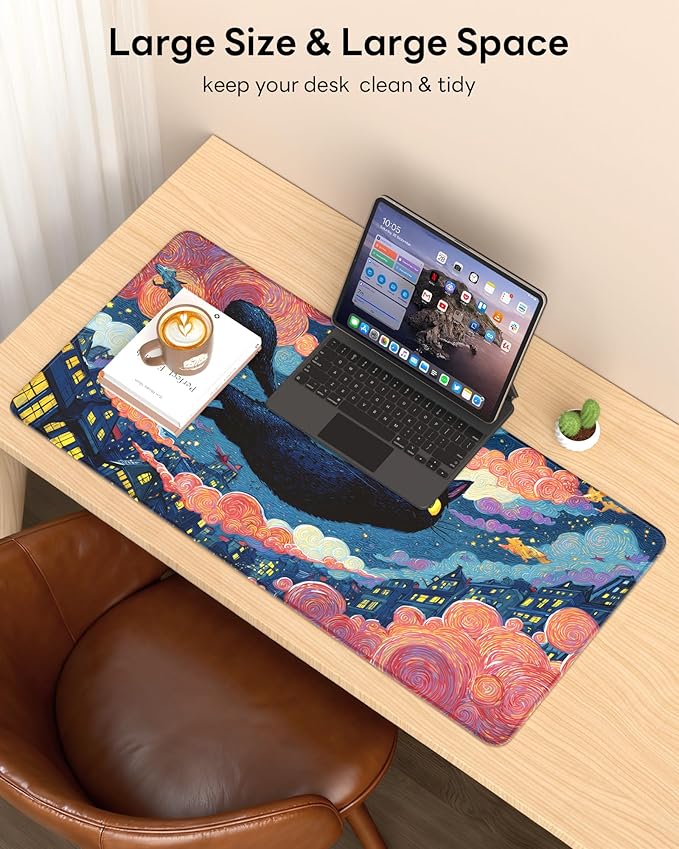 XL Gaming Mouse Pad, 31.5x15.7'' Large Desk Mat with Anti-Slip Rubber Base & Stitched Edges for Gaming, Office, Home, Flying Cat