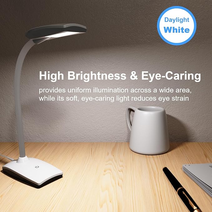 LED Desk Lamp 3 Brightness Dimmable Eye-Caring White Table Lamp Flexible Gooseneck Touch Desk Light 5W 450lm for Home Office Bedroom Reading Study 1.5M USB Cable