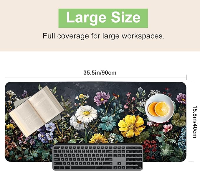 Desk Mat, XXL Extended Gaming Pad for Desktop, 31x12 Inches Vibrant Floral Colorful Flower Bouquet, Large Non-Slip Vegan Leather Surface with Stitched Edges, Keyboard Mouse Mat for Home Office