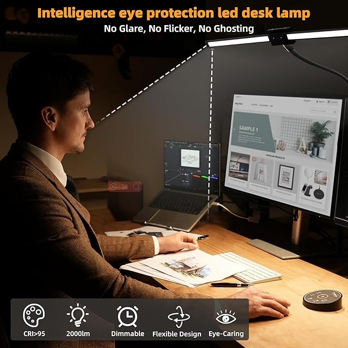 BAYSQUIRREL Led Desk Lamp with Clamp, Gooseneck Remote Control Desk Light with Eye Protection, 24W Ultra Bright Stepless Dimming and Tempering LED Desk Lamp for Home Office, Bedroom, Study