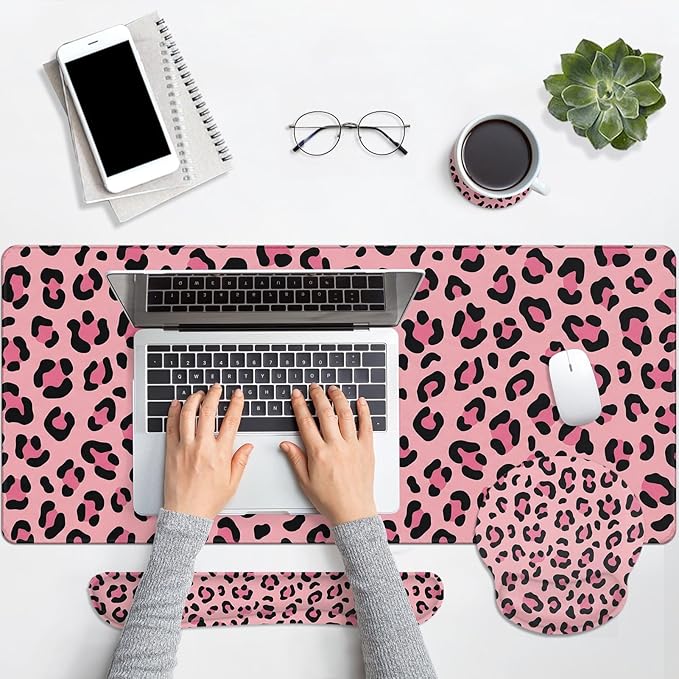 Arttown Leopard Desk Mat Pink and Black Leopard Mouse Pad Set 4 in 1 Ergonomic Design Large Mouse Pad + Keyboard Wrist Rest + Mouse Wrist Rest + Coaster Suitable for Home Office Study Game