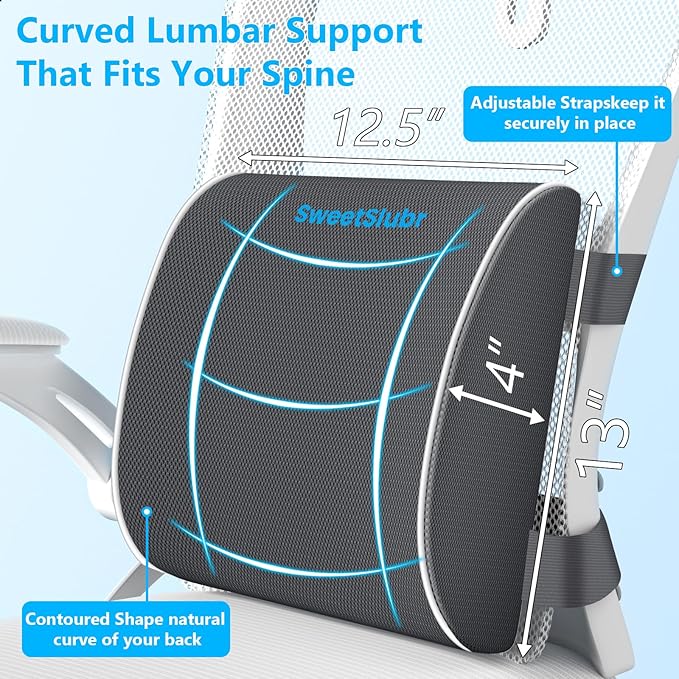 SweetSlubr Seat Cushion, Lumbar Support Pillow with Adjustable Strap-Chair Cushions for Sciatica Pain Relief-with Washable Cover Memory Foam for Car, Travel and Wheelchair Gray/Large