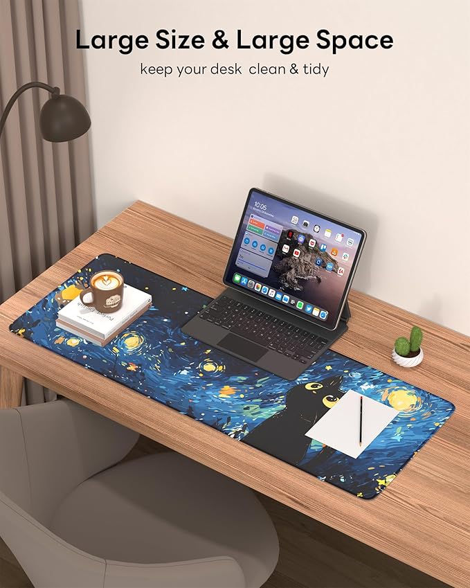 Starry Night Cat Mouse Pad, 31.5 x 11.8 Large Desk Mat with Stitched Edges & Non-Slip Base, Mousepad for Office, Home, Work