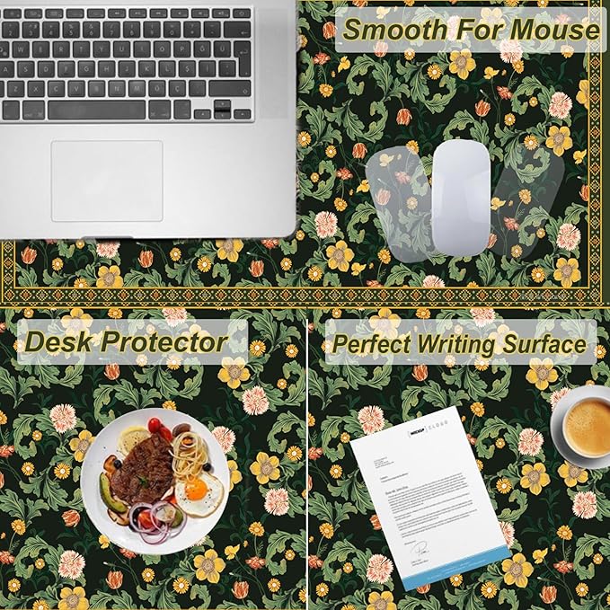 Desk Pad, ZAXOXAZ PU Leather Desk Pad Protector, 31.5" x 15.7" XXL Large Extended Flowers Mouse Pad, Big Desk Mat Floral Desk Blotter, Waterproof Desk Writing Pad for Office and Home(Green Flowers)