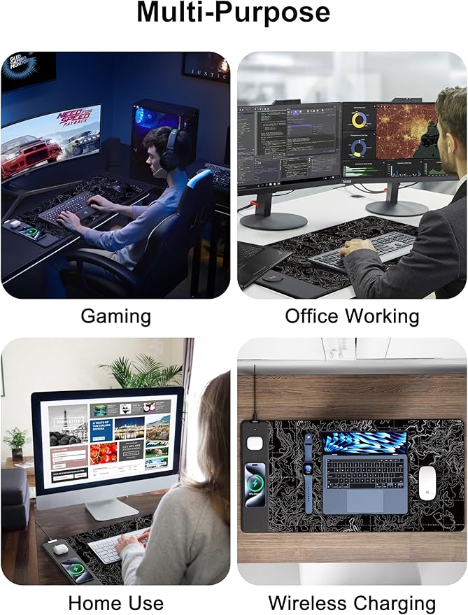 TopMade Mouse Pad with 15W Fast Wireless Charging, 31.5"x15.75" XXL Large Gaming Waterproof Desk Pad, Computer Desk Mat, Black Topographic Map #3 (Includes 20W PD Power Adapter & 6.56ft Woven Cable)