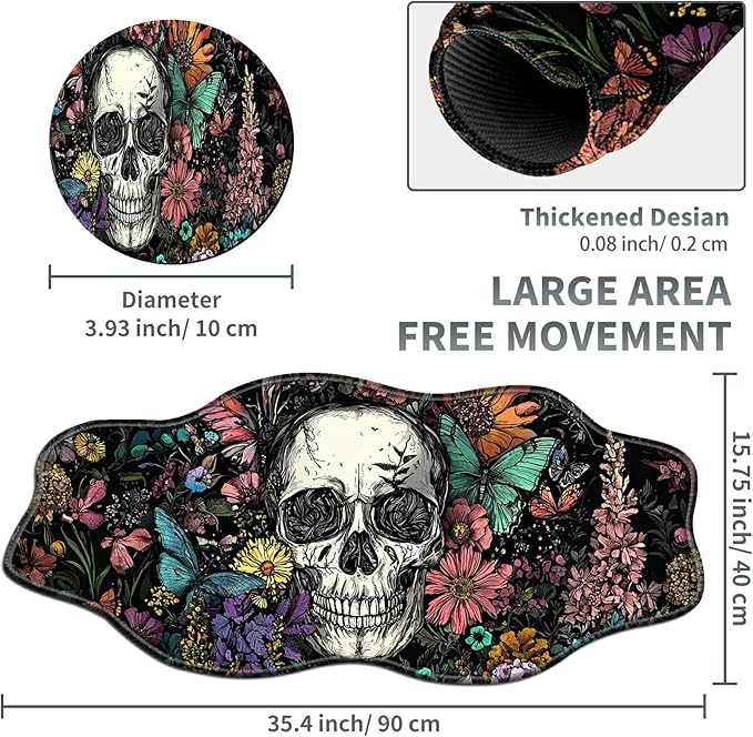 Sugar Skull Flowers Large Gaming Mouse Pad Plus a Coaster, 35.4 x 15.7 inches Desk Mat Extended XXL Mousepad with Stitched Edge Non-Slip Rubber, Desk Pad Computer Mouse Mat for Home Office
