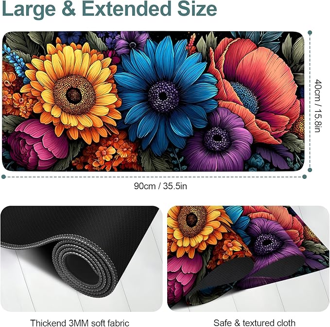 Spring Flowers Extended Gaming Mouse Pad 35.4x15.7Inch Large Desk Mat Anti-Slip Rubber Base & Durable Stitched Edges for Gamers Smooth Mouse Writing Surface for Desk Office/Home