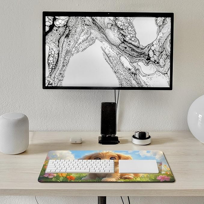 Large Ergonomic Gaming Mouse Pad Happy Puppy in Sunny Field - Lovable Dog Theme with Non-Slip Base Water-Resistant Surface and Stitched Edges 30x60cm