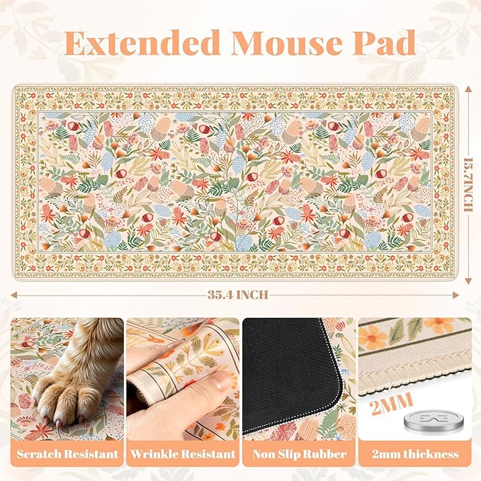 Large Mouse Pad for Desktop, Cute Desk Mat Pad Protector for Work & Gaming, Aesthetic Pretty Anti-Slip Laptop Blotter Cover for Office School Home Supplies, Orange Floral, 35.4" x 15.7"