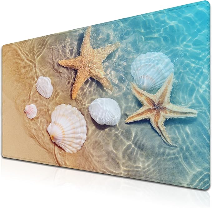 Large Mouse Pad Palm Starfish Seashell, Gaming Mouse Pads Office Desk Pads, Full Desk Mouse Pad Non-Slip Rubber Base, 35.4 X 15.7 inch for Work/Game/Office/Home Summer Beach Sea Sand Water