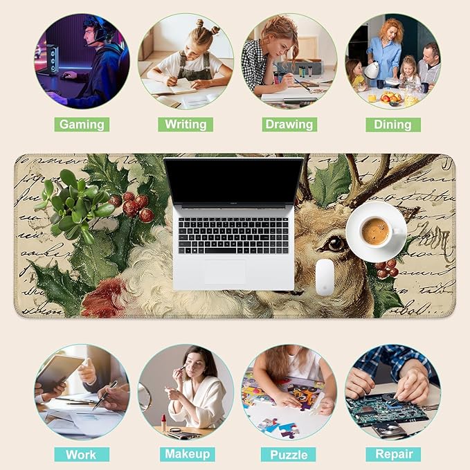 Desk Mat, XXL Extended Gaming Pad for Desktop, 31x12 Inches Santa and Reindeer Classic Scene, Large Non-Slip Vegan Leather Keyboard Mouse Mat for Home Office