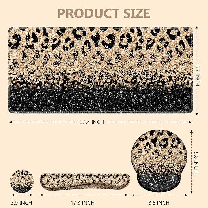 iLeadon Mouse Pad Set, Desk Mat + Mouse Pad with Wrist Rest + Keyboard Wrist Rest + Coaster, 4in1 Leopard Mouse and Keyboard Pad Set for Home Office, Black Gold Leopard