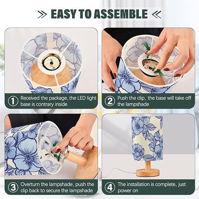 Blue Floral LED Table Lamp, Bedside Lamp with Linen Lampshade, Flicker-Free Eye Care USB Plug in Nightstand Lamp, for Bedroom and Office