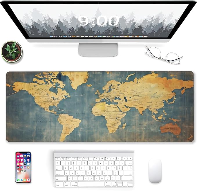 Gaming Mouse Pad, Grunge Vintage World Map Extended Mouse Pad Gaming Large, Big Desk Mat with Non-Slip Base and Stitched Edge, Long Computer Keyboard Mouse Mat for Home Office Work 31.5"x11.8"