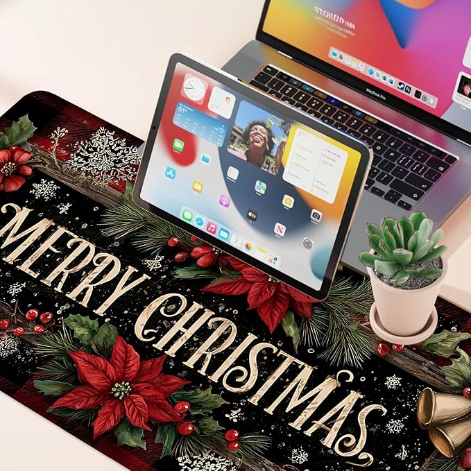 Desk Mat, XXL Extended Gaming Pad for Desktop, 35x16 Inches Floral with Flowers, Large Non-Slip Vegan Leather Surface with Stitched Edges, Keyboard Mouse Mat for Home Office