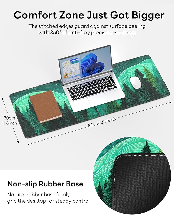 Nature Mouse Pad, 31.5 x 11.8 Large Desk Mat with Stitched Edges & Non-Slip Base, Mousepad for Office, Home, Work, Green Illustration