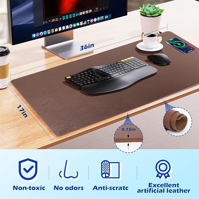 Wireless Charging Desk Mat with Desk Pad for Desktop Charging Large Mouse Pad Waterproof Leather Computer Mat Mouse Pad Non-Slip Protector on Top of Desks for Keyboard and Mouse (brown-r, 36*17inch)