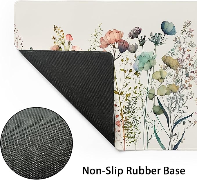 Cute Wild Flowers Mouse Pad XXL Boho Aesthetic Floral Chic Plant Extended Table Mat 90X40 cm Non-Slip Rubber Base Stitched Edge Large Mousepad for Gaming Laptop Computer Desk Top 35.4×15.7 Inch