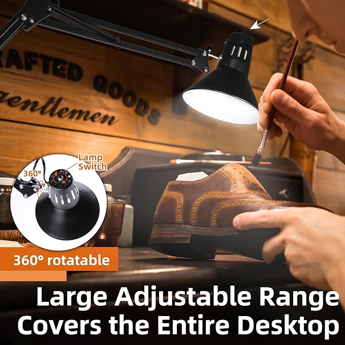 LED Desk Lamp With Clamp for Home Office, Eye-Caring Clip on Light with Adjustable Extra Tall Metal Swing Arm, High Intensity Clamp w/A19 E26 Bulb for Working Reading, 3000k Table Lamps Warm Light