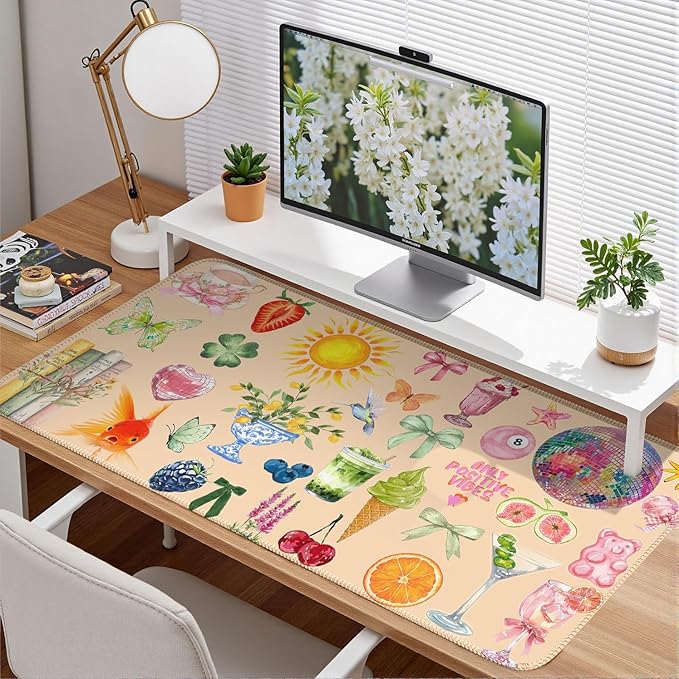 Cute Pink Boho Pastel Desk Mat Colorful Desk Mat for Keyboard and Mouse XXL Large Mouse Pad Desk Pad Mat Floral Cozy Aesthetic Desk Decor for Women Girl Teacher