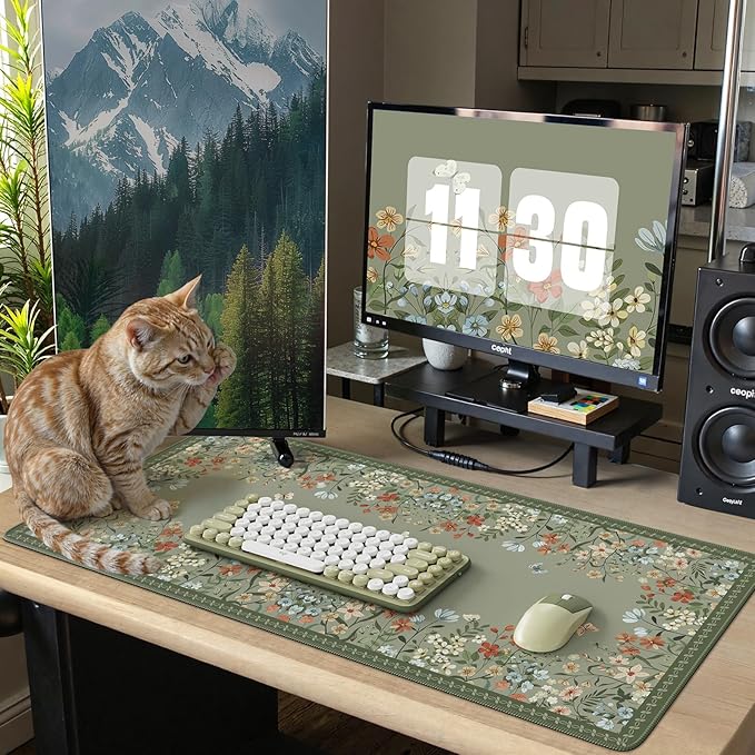 iCasso Desk Mat for Keyboard and Mouse,Large Keyboard Mat Non-Slip,Cute Desk Pad with Stitched Edges,Floral Mousepad for Women,Girly Computer Mat for Home Office Gaming(Sage Green)