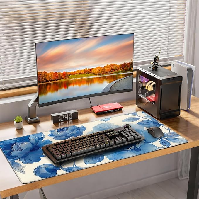 XXL Gaming Mouse Pad, Blue Floral Design, 35.4 x 15.7 Inches, Microfiber Cloth, Rectangular, Non-Slip Rubber Base