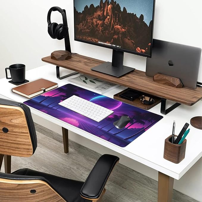 Large Gaming Mouse Pad for Desk,Cool Retrowave Landscape Desk Mat,Science Fiction Scene Desk Pad, Extended Big Computer Keyboard Mouse Pad with Non-Slip Base and Stitched Edge 35.4"x15.7"