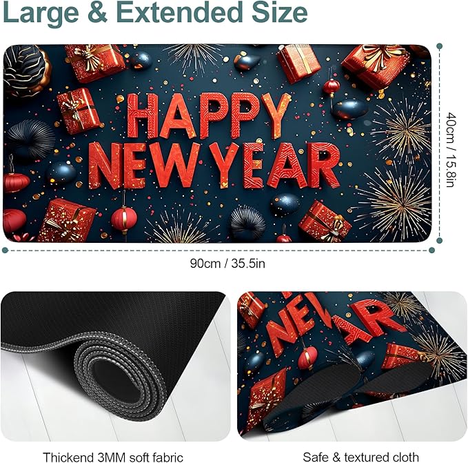 Happy New Year Extended Gaming Mouse Pad 35.4x15.7Inch Large Desk Mat Anti-Slip Rubber Base & Durable Stitched Edges for Gamers Smooth Mouse Writing Surface for Desk Office/Home