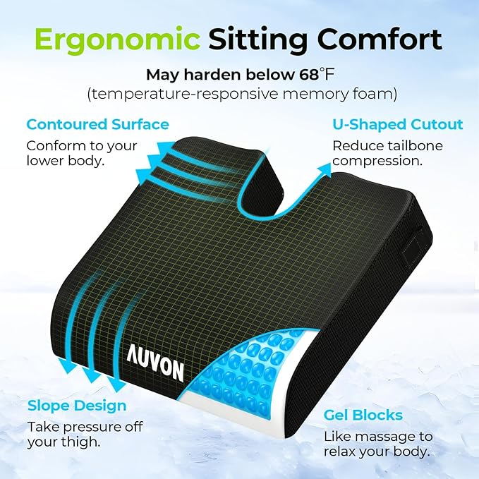 AUVON Gel Wheelchair Seat Cushion, Ergonomic Coccyx & Lumbar Support, Refreshing Ergonomic Chair Cushion with Waterproof Silk Fabric, Anti-Slip Cover