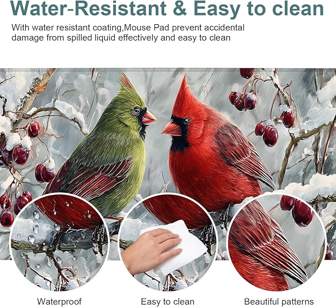 Christmas Bird Extended Gaming Mouse Pad 31.5x11.8inches Large Desk Mat Anti-Slip Rubber Base & Durable Stitched Edges for Gamers Smooth Mouse Writing Surface for Desk Office/Home