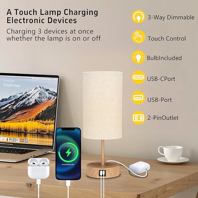 Bedside Table Lamp for Bedroom - 3 Way Dimmable Touch Lamp USB C Charging Ports and AC Outlet, Wood Base Round Flaxen Fabric Shade for Living Room, Desk,E26 Bulb Included