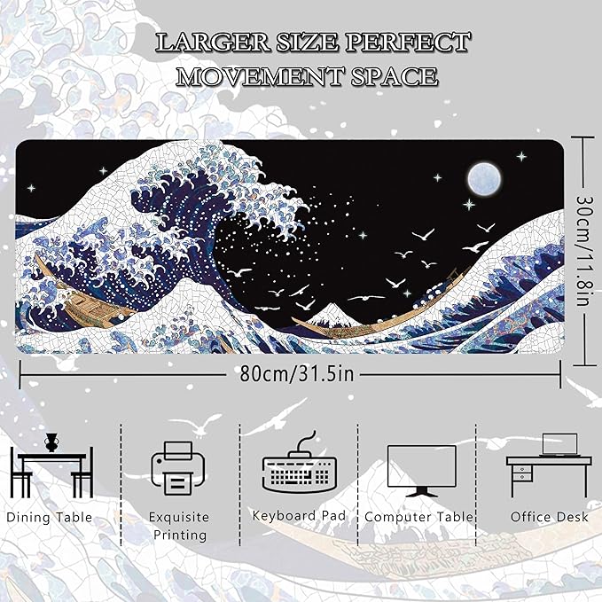 MEWOOCUE® Gaming Mouse Pad for Desk,Large Wave Mousepad Laptop,Black White Japanese Anime Mouse Mat,Long XXL Waterproof Keyboard Pads,Big Non-Slip Mousepads for Game Office Home（31.5 x 11.9 in）