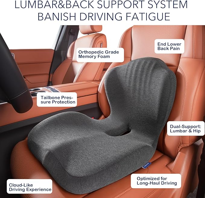 Seat Cushion for Car Truck Driver, Memory Foam Seat Cushion with Adjustable Strap,Ergonomic Lumbar/Back Support & Sciatica Relief for Long Drives, Orthopedic Cushion for Office Chair, Car, Semi Truck