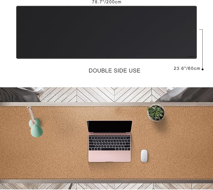 MAIDERN Leather Desk Mat, XXL 78.7” x 24” Reversible Large Desk Pad Mat, Cork & Leather Large Mouse pad for Desk, Waterproof Computer Desk Mat for Gaming Home Office (Black)