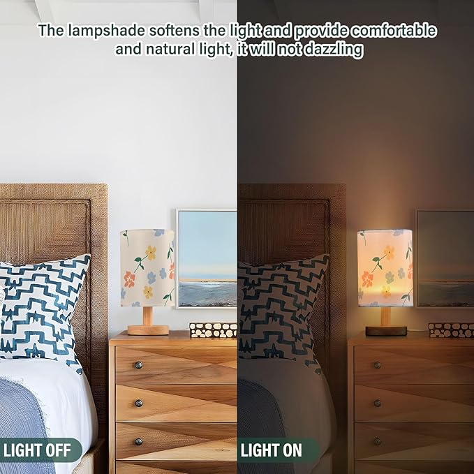 Colorful Floral LED Table Lamp, Bedside Lamp with Linen Lampshade, Flicker-Free Eye Care USB Plug in Nightstand Lamp, for Bedroom and Office