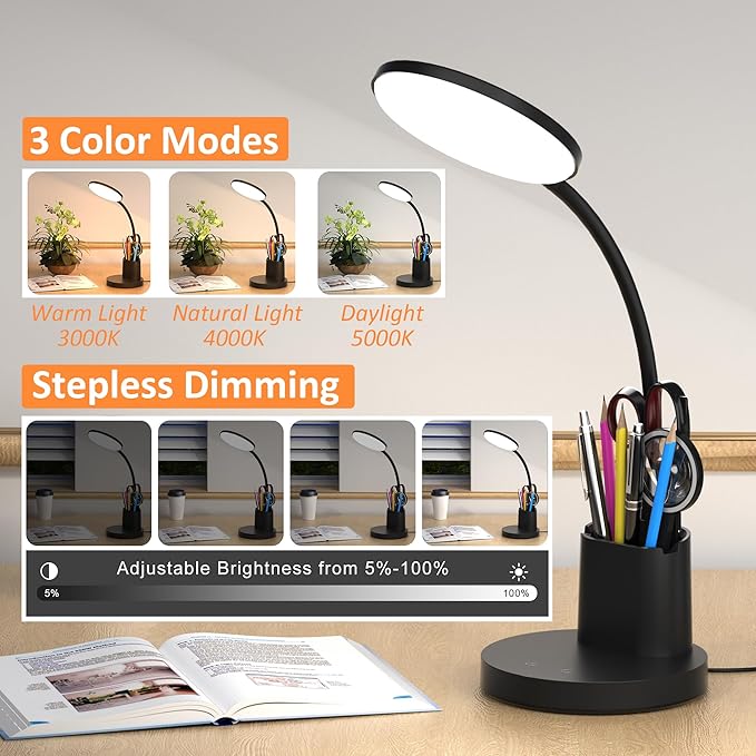 Desk Lamp, LED Desk Lamps for Home Office, Touch Table Lamp with 3 Color Modes 360° Adjustable Arm, Dimmable Desk Light with Pen Phone Holder, Black