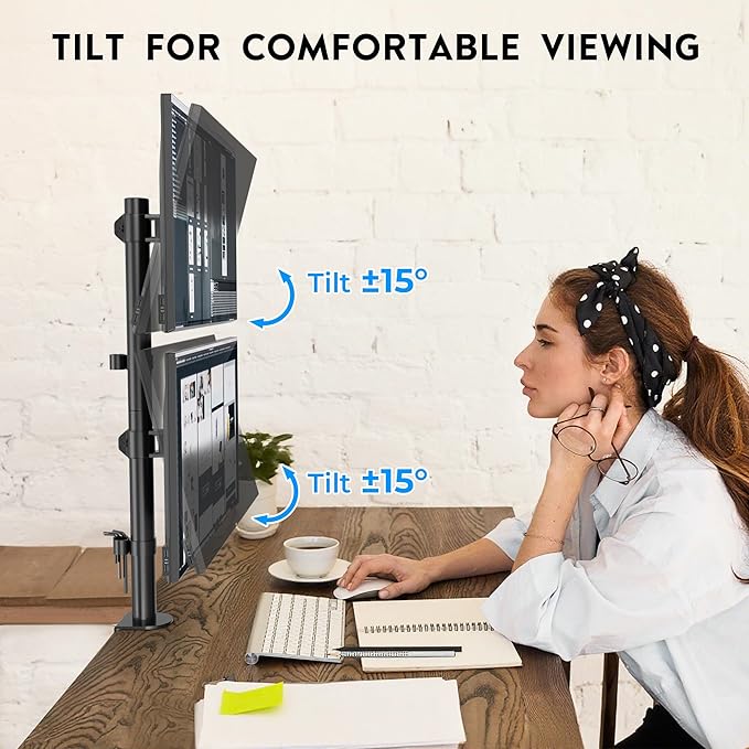 BONTEC Vertical Dual Monitor Desk Mount, Supports 13-34 Inch Screens, Full Motion Adjustability, VESA 75x75/100x100mm, Up to 22lbs per Arm, C Clamp and Grommet Mounting Options, Cable Management