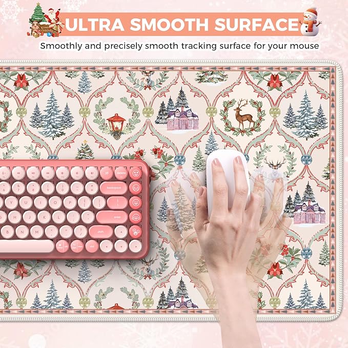iCasso Christmas Desk Mat, Beige Mouse Pad, Desk Protector Mat, Extra Large Office Matt for Desktop,Anti-Slip XXL Big Mousepad with Stitched Edges for Computer Keyboard