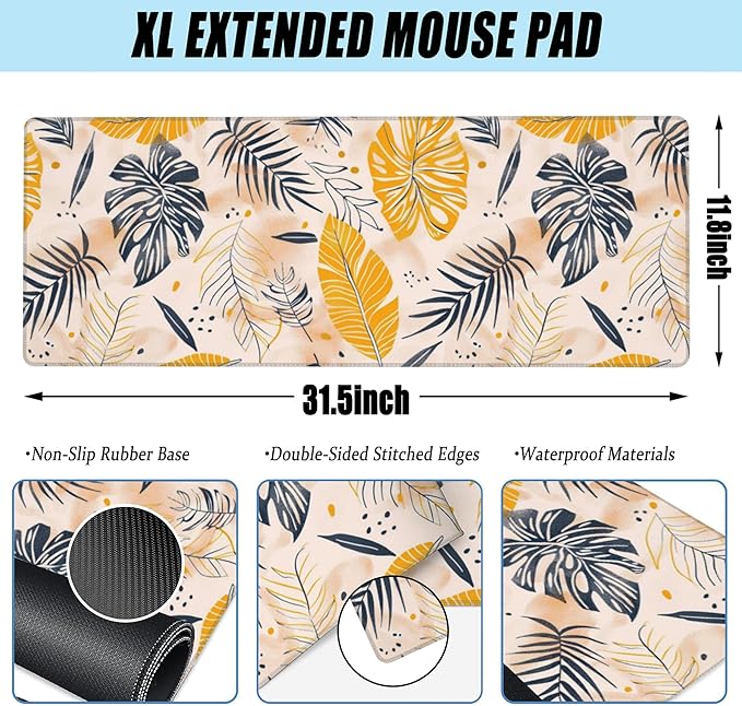 Desk Mat, Boho Palm Leaves Large Gaming Mouse Pad for Desk XL,Boho Tropical Leaves Desk Pad,Extended Big Computer Keyboard Mouse Pad with Non-Slip Base and Stitched Edge 31.5"x11.8"