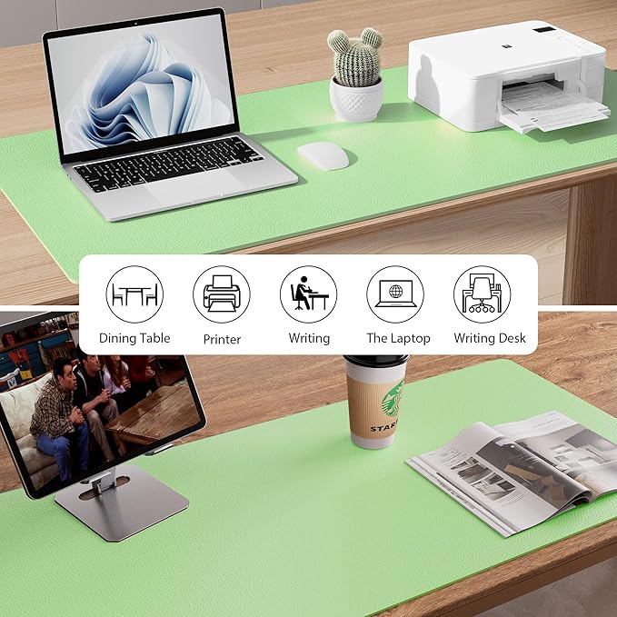 Aothia Faux Leather Desk Mat - Non-Slip PU Leather Desk Blotter, Waterproof Writing Surface, Large Desk Pad for Office & Home (Foam Green, 55" x 24")