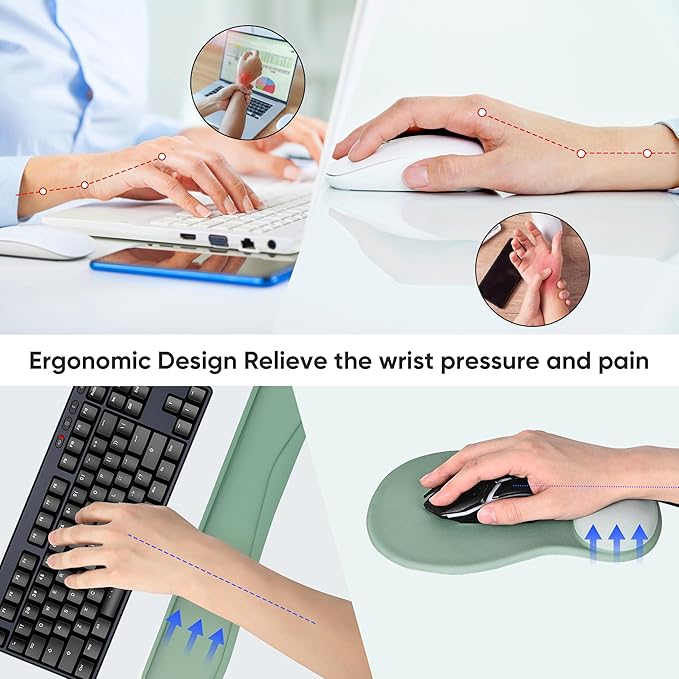 Wrist Rest Support for Mouse Pad Keyboard Set Circle Coaster Gaming Mouse Pad Ergonomic Gel Memory Foam Set for Computer, Laptop, Office, Comfortably Typing Pure Green KM-34