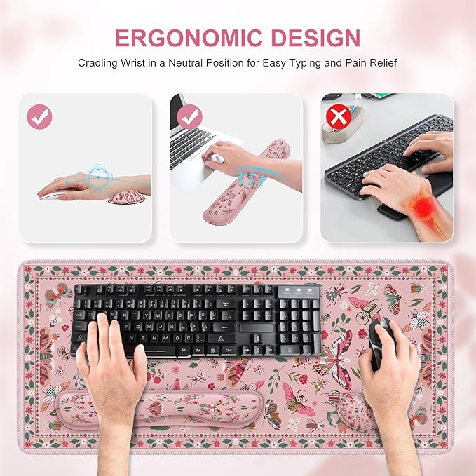iCasso Large Mouse Pad for Desk, Computer Desk Mat, 3Pcs XXL Keyboard and Mouse Pad + Keyboard Wrist Rest, Desk Matt for Desktop, Easy Typing & Comfort Ultra Thick Mousepad Keyboard Mat (Pink)