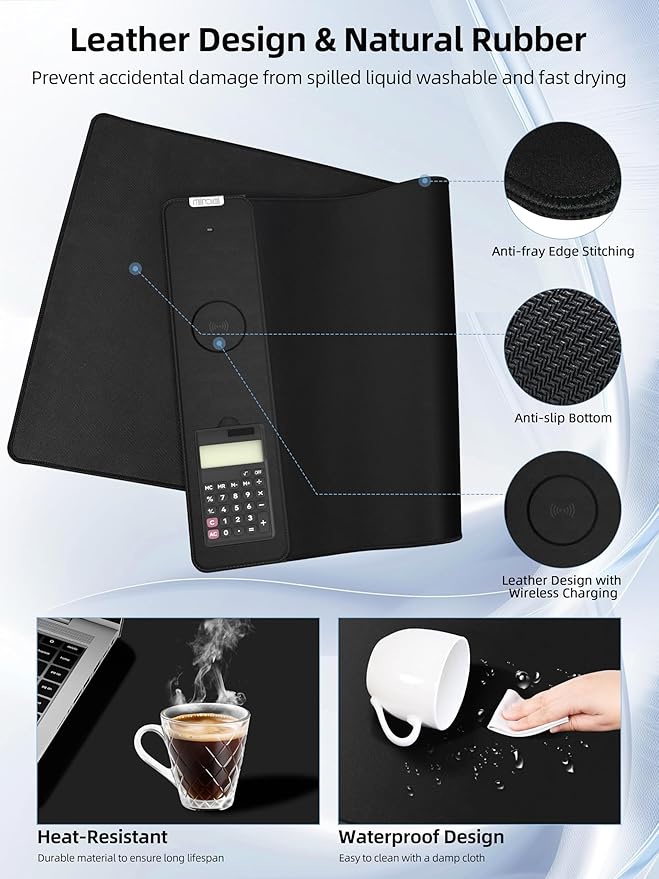 Mouse Pad 31.5x15.75 Inch with Calculator, 15W Magnetic Wireless Charging Desk Mat, XXL Desk Pad, Home Office Large Keyboard Pad with Ultra-Smooth Surface, Non-Slip Base (Black)