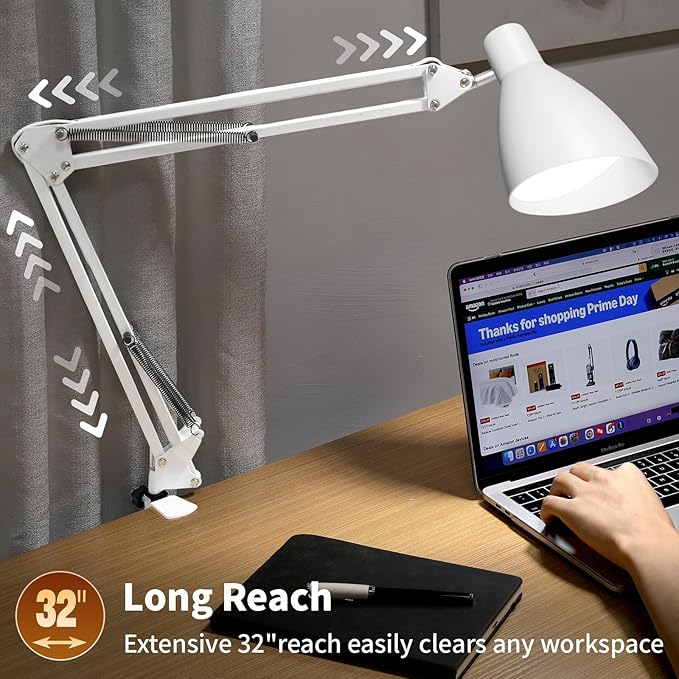 Led Desk Lamp for Home Office - Adjustable Gooseneck Table Stand with Clamp 5 Color Modes and 10 Brightness for Architect Puzzle Light Reading Craft Computer Work Study Sewing(White)